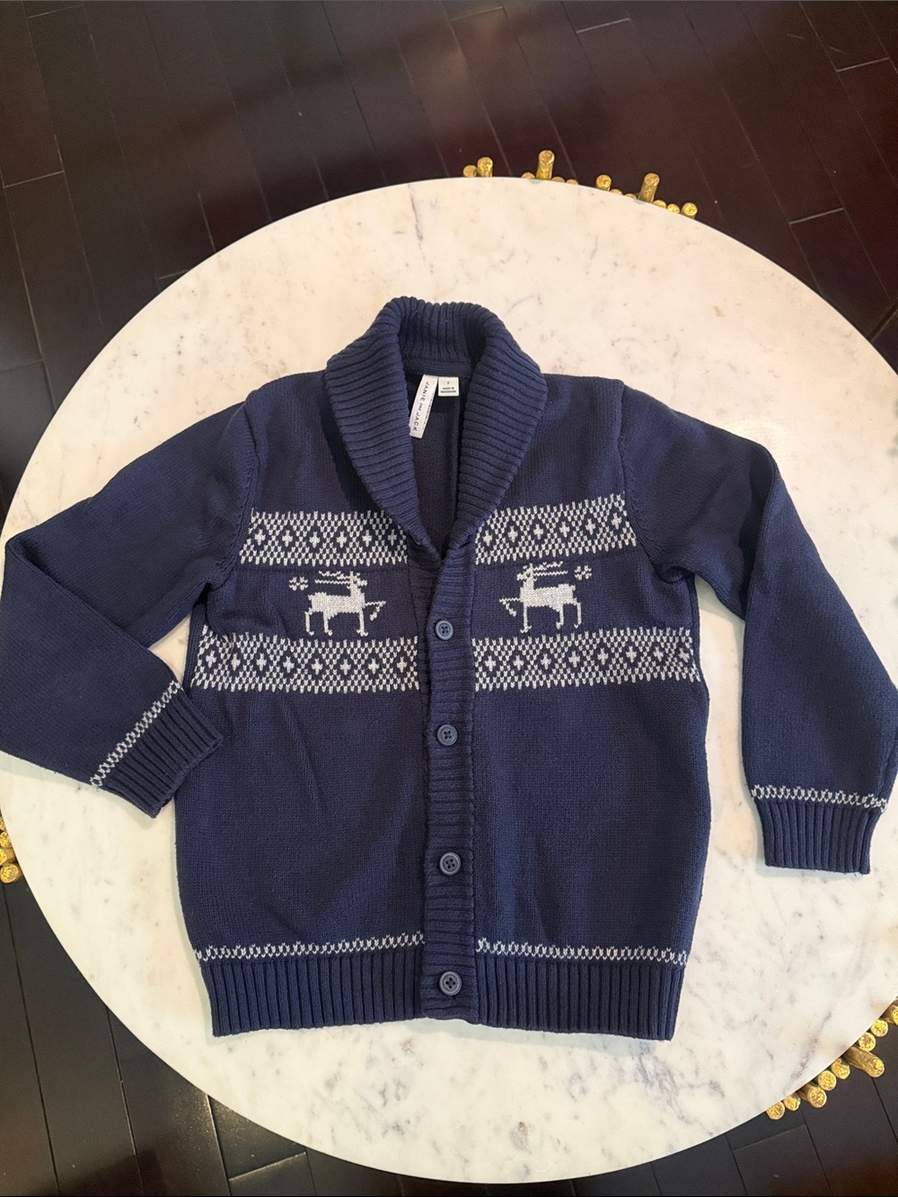 Janie and Jack Navy and White Shawl Collar Knit Cardigan with Reindeer